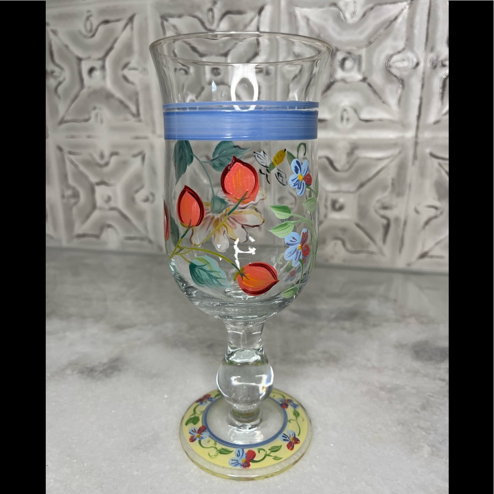 Beautiful Painted Water/Wine Goblet -7 7/8” Tall Excellent Condition